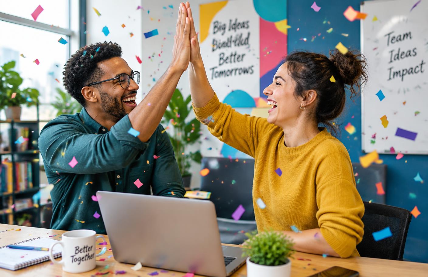 Two colleagues celebrating with a high five over a laptop