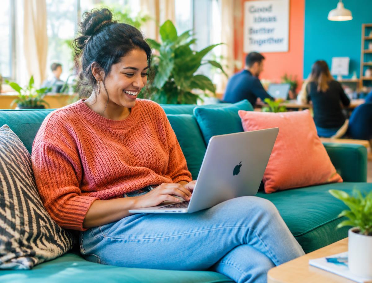 Marketer smiling while chatting with an assistant on a laptop in a colourful lounge