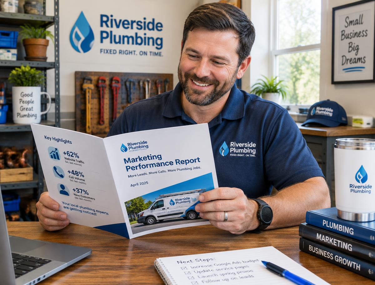 Small business owner smiling while reading a branded marketing performance report
