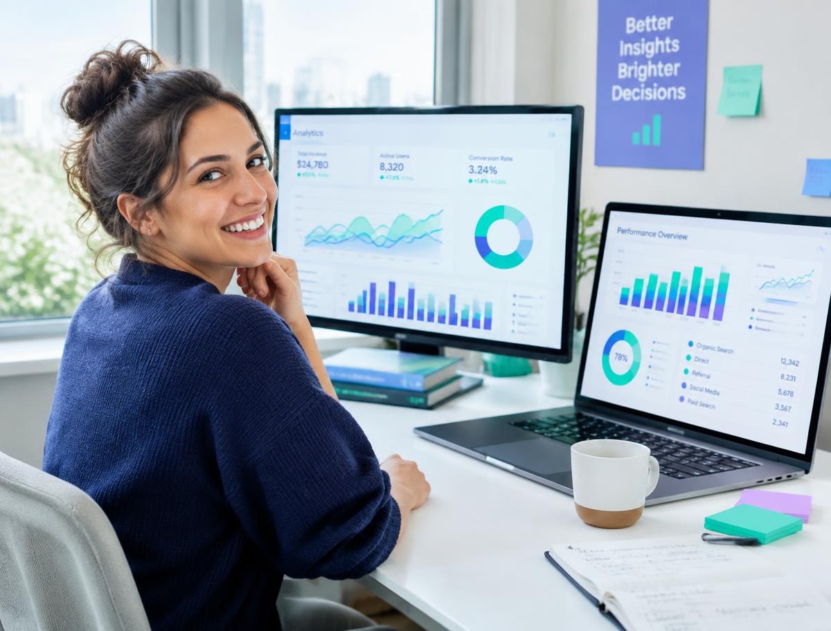Marketing analyst smiling at colourful analytics dashboards on her desk